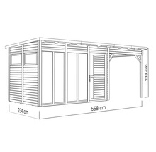 Ilustrace zahradního domku o rozměrech 234 cm šířka, 558 cm délka a 233 cm výška