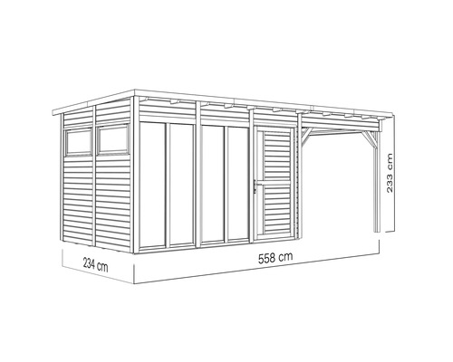 Ilustrace zahradního domku o rozměrech 234 cm šířka, 558 cm délka a 233 cm výška