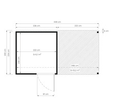 Technický nákres zahradního domku s rozměry