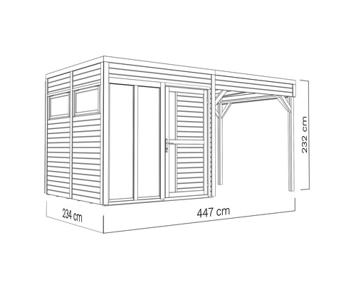 Obrázek zahradního domku o rozměrech 234 cm x 447 cm x 232 cm