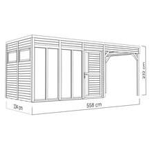 Obrázek zahradního domku s přístřeškem pro auto a rozměry