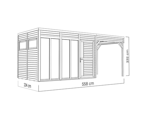 Obrázek zahradního domku s přístřeškem pro auto a rozměry