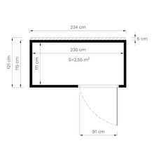 Půdorys s rozměry 234 centimetrů šířky, 121 centimetrů výšky a plochou 2,55 metrů čtverečních.