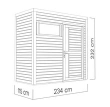 Nákres zahradního domku o rozměrech 115 cm x 234 cm x 232 cm