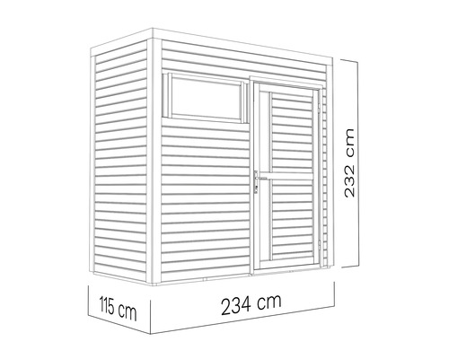 Nákres zahradního domku o rozměrech 115 cm x 234 cm x 232 cm