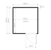 Technický nákres zahradního domku o rozměrech 240 x 226 centimetrů a půdorysu 5,1 metru čtverečního.