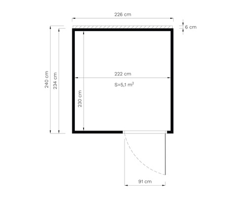 Technický nákres zahradního domku o rozměrech 240 x 226 centimetrů a půdorysu 5,1 metru čtverečního.