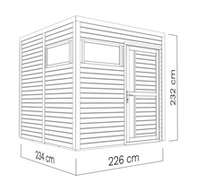 Nákres zahradního domku o rozměrech 234 x 226 x 232 cm.