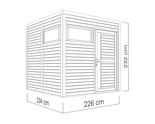Nákres zahradního domku o rozměrech 234 x 226 x 232 cm.