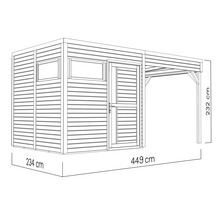 Ilustrace zahradního domku s přístřeškem a rozměry: šířka 234 cm, délka 449 cm a výška 232 cm.