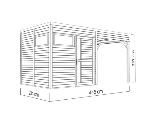 Ilustrace zahradního domku s přístřeškem a rozměry: šířka 234 cm, délka 449 cm a výška 232 cm.