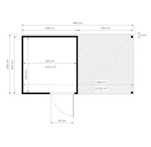 Půdorys zahradního domku o rozměrech 449 x 446 centimetrů a ploše 15,3 metru čtverečních