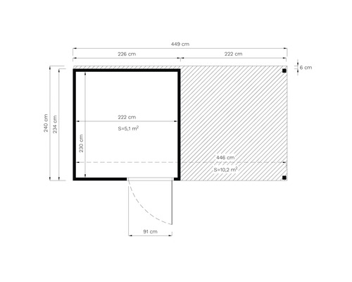 Půdorys zahradního domku o rozměrech 449 x 446 centimetrů a ploše 15,3 metru čtverečních