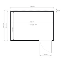 Půdorys s rozměry: výška 240 centimetrů, šířka 336 centimetrů, plocha 7,65 metrů čtverečních