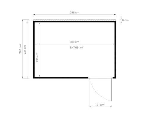 Půdorys s rozměry: výška 240 centimetrů, šířka 336 centimetrů, plocha 7,65 metrů čtverečních
