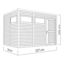 Pohled shora na zahradní domek o rozměrech 234 cm, 337 cm a 232 cm