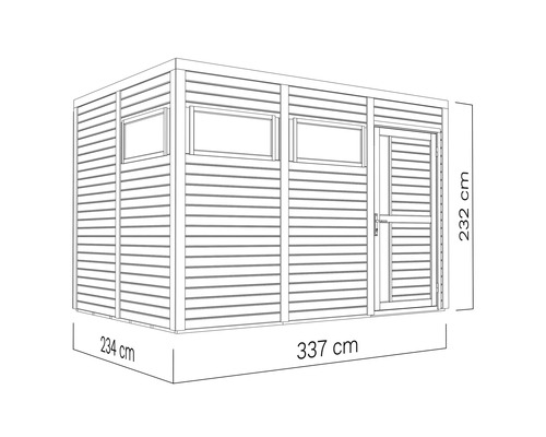 Pohled shora na zahradní domek o rozměrech 234 cm, 337 cm a 232 cm