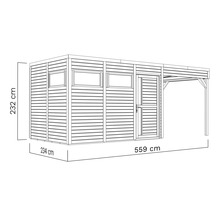 Obrázek zahradního domku o rozměrech 234 cm x 559 cm x 232 cm
