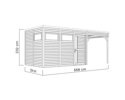 Obrázek zahradního domku o rozměrech 234 cm x 559 cm x 232 cm