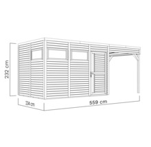 Ilustrace zahradního domku s přístřeškem a rozměry