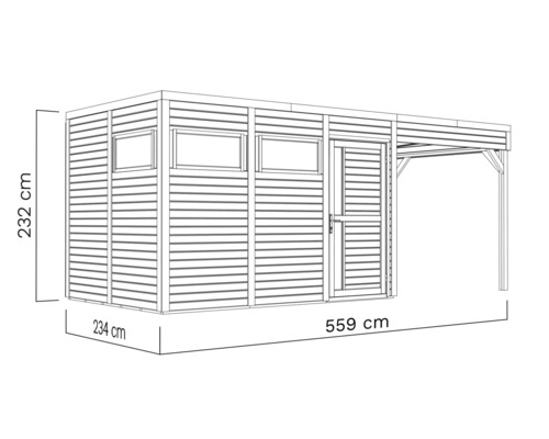 Ilustrace zahradního domku s přístřeškem a rozměry