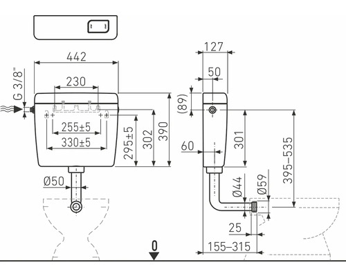 Technický nákres splachovací nádržky s rozměry