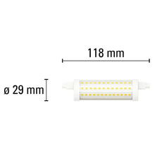 Obrázek LED žárovky o rozměrech 118 mm na délku a 29 mm v průměru.