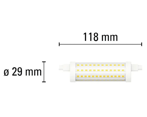 Obrázek LED žárovky o rozměrech 118 mm na délku a 29 mm v průměru.
