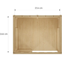 Pohled na dřevěný dům o rozměrech 214 x 166 centimetrů.