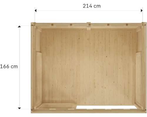 Pohled na dřevěný dům o rozměrech 214 x 166 centimetrů.
