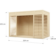 Dřevěný zahradní domek o rozměrech 232 x 339 x 185 cm