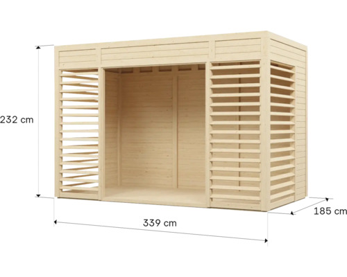 Dřevěný zahradní domek o rozměrech 232 x 339 x 185 cm