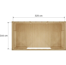 Pohled shora na dřevěný dům o rozměrech 325 x 166 centimetrů.
