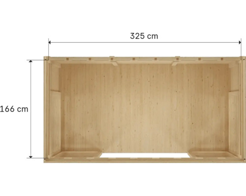 Pohled shora na dřevěný dům o rozměrech 325 x 166 centimetrů.