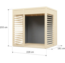 Dřevěný zahradní domek o rozměrech 232 cm výška, 228 cm délka a 181 cm šířka