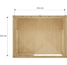 Vnitřní pohled na dřevěný zahradní domek o rozměrech 214 x 166 centimetrů.