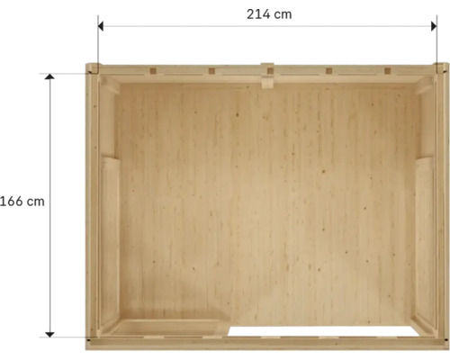 Vnitřní pohled na dřevěný zahradní domek o rozměrech 214 x 166 centimetrů.