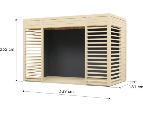 Dřevěný pavilon o rozměrech 232 cm výška, 339 cm šířka a 181 cm hloubka.