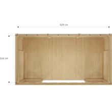 Vnitřní pohled na dřevěný dům o rozměrech 325 x 166 cm