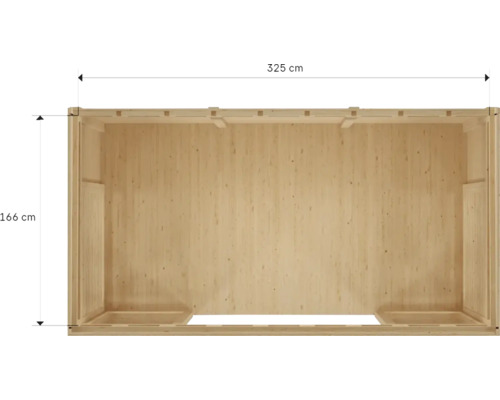 Vnitřní pohled na dřevěný dům o rozměrech 325 x 166 cm