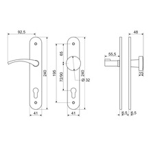 Technický výkres kliky dveří s dlouhým štítkem a rozměry.