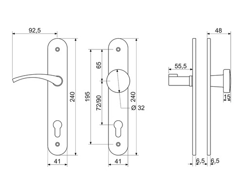 Technický výkres kliky dveří s dlouhým štítkem a rozměry.