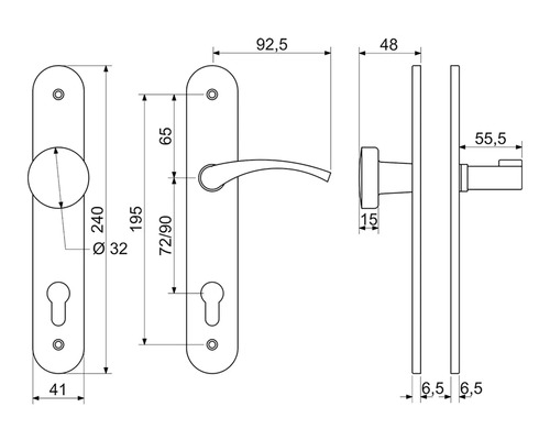 Technický výkres kliky ke dveřím s rozměry