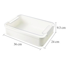 Úložný box z plastu o rozměrech 36 cm délka, 24 cm šířka a 9,5 cm výška.