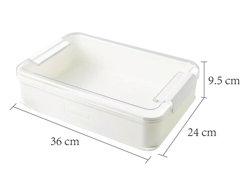 Úložný box z plastu o rozměrech 36 cm délka, 24 cm šířka a 9,5 cm výška.