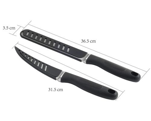 Dva filetovací nože s černou rukojetí a čepelí s výřezy, délky 36,5 cm a 31,5 cm