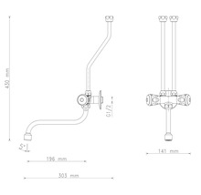 Technický nákres sanitární instalace s rozměry.