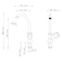 Technický výkres kuchyňské baterie s rozměry