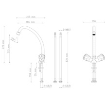 Technický výkres kuchyňské baterie s rozměry