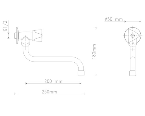 Technický nákres nástěnné výtokové armatury s rozměry